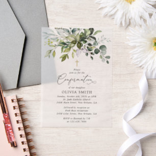 Greenery, Eucalyptus Leaves, Boho, Confirmation Vellum Invitations