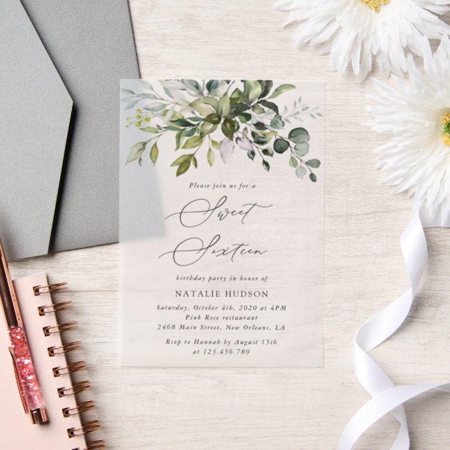 Greenery, Eucalyptus Leaves, Boho, Sweet 16 Vellum Invitations (Wedding)