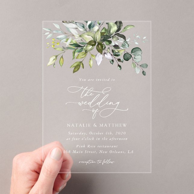 Greenery, Eucalyptus Leaves, Botanical Wedding Acrylic Invitations (Insitu (Handheld))