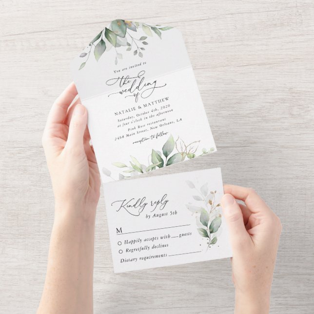 Greenery, Eucalyptus Leaves, Botanical Wedding All In One Invitation (Tearaway)