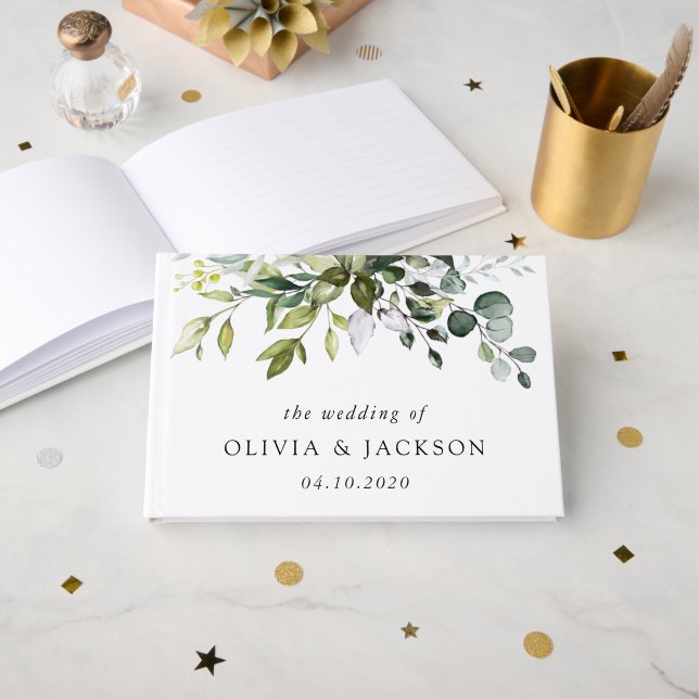 Greenery, Eucalyptus Leaves, Botanical Wedding  Guest Book (Front Open)