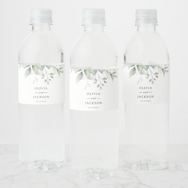 Greenery, Eucalyptus Leaves, Botanical Wedding Water Bottle Label (Bottles)