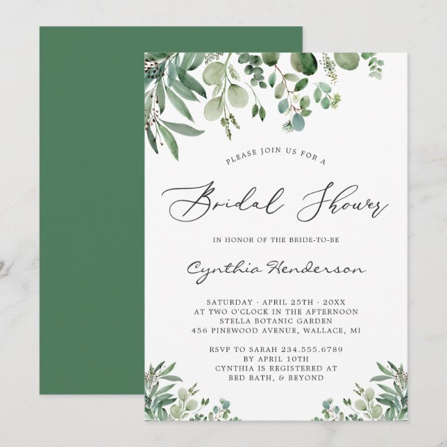 Greenery Eucalyptus Leaves Classy Bridal Shower Invitation (Front/Back)