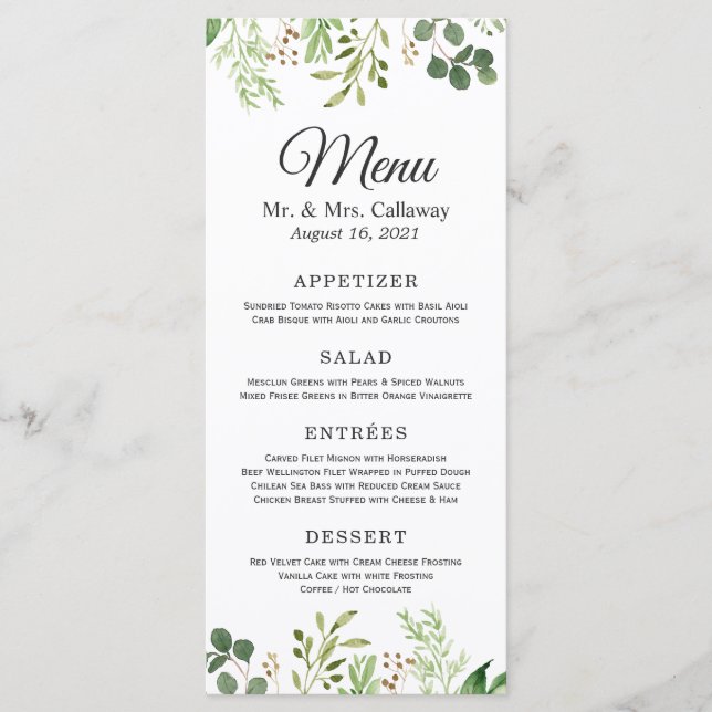Greenery Eucalyptus Leaves Elegant Chic Wedding Menu (Front)
