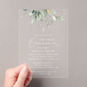 Greenery, Eucalyptus Leaves, First Holy Communion Acrylic Invitations
