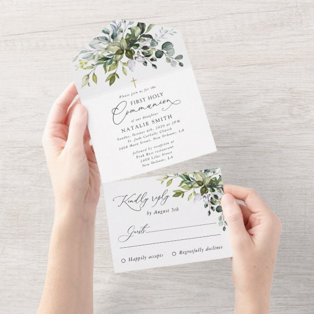 Greenery, Eucalyptus Leaves, First Holy Communion All In One Invitation (Tearaway)