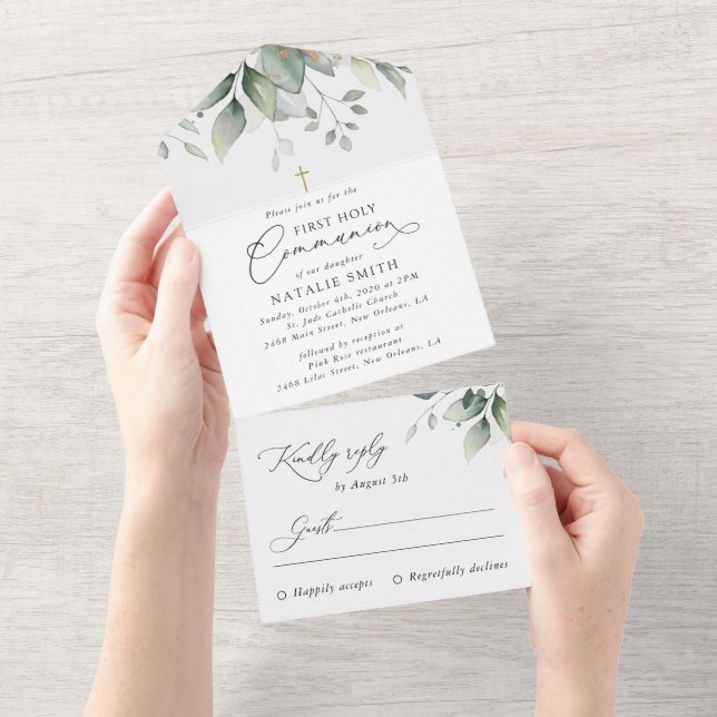 Greenery, Eucalyptus Leaves, First Holy Communion All In One Invitation (Tearaway)