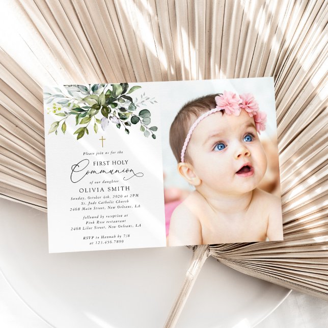 Greenery, Eucalyptus Leaves, First Holy Communion Invitation (Creator Uploaded)