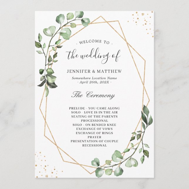 Greenery Eucalyptus Leaves Geometric Wedding Programme (Front)