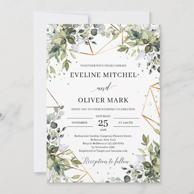 Greenery eucalyptus leaves gold frames wedding invitation (Front)