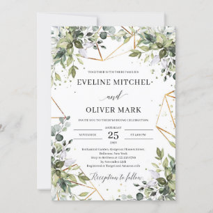 Greenery eucalyptus leaves gold frames wedding invitation