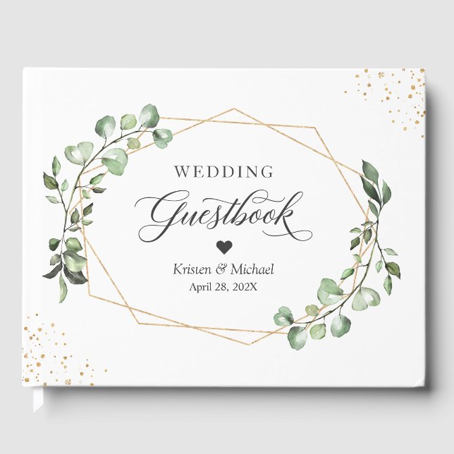Greenery Eucalyptus Leaves Gold Geometric Wedding Guest Book (Front)