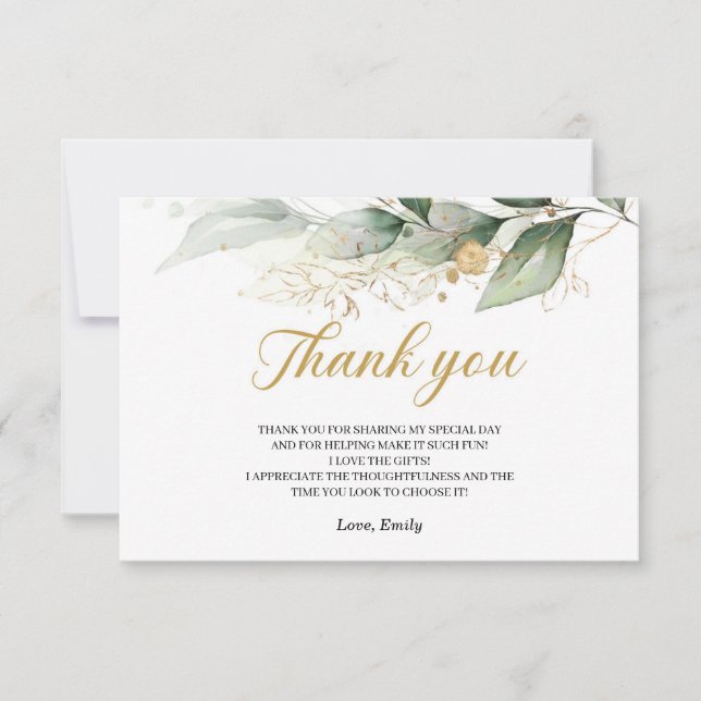 Greenery eucalyptus leaves gold thank you card (Front)