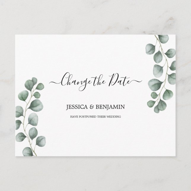 Greenery Eucalyptus Leaves Script Change of Date Postcard (Front)