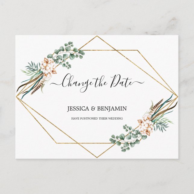 Greenery Eucalyptus Leaves Script Change of Date Postcard (Front)