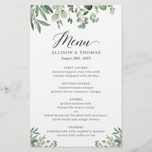 Greenery Eucalyptus Leaves Wedding Dinner Menu (Front)