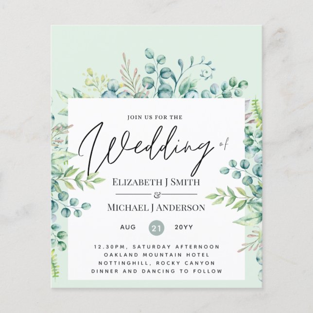 Greenery Eucalyptus Leaves Wedding Invites Budget (Front)