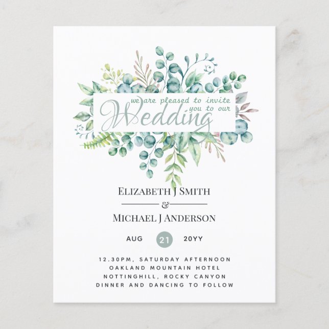 Greenery Eucalyptus Leaves Wedding Invites Budget (Front)