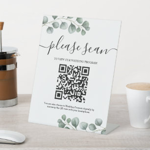 Greenery Eucalyptus Leaves Wedding Program QR Code Pedestal Sign