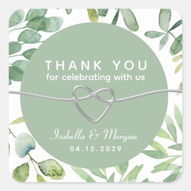 Greenery Eucalyptus Leaves Wedding Thank You Square Sticker (Front)