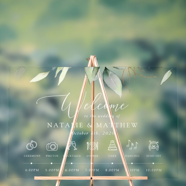 Greenery, Eucalyptus Leaves, Wedding Timeline Acrylic Sign (Neutral)