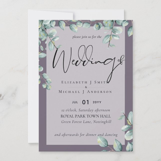 Greenery Eucalyptus Lilac Grey Wedding Invites (Front)