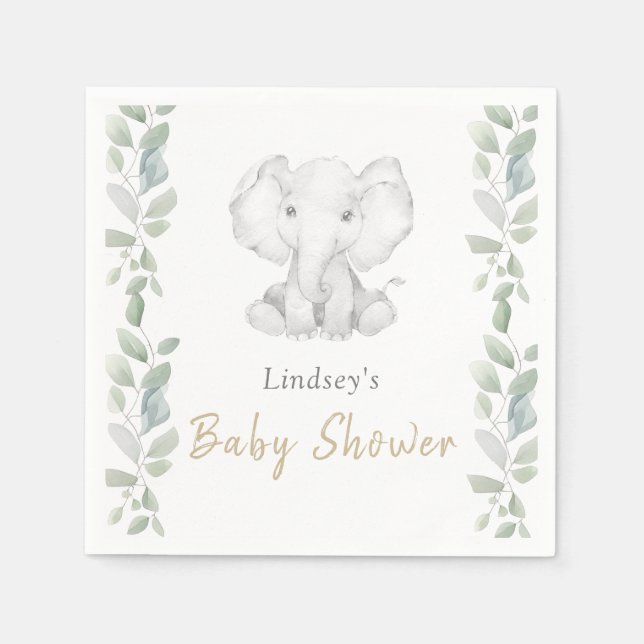 Greenery Eucalyptus Little Elephant Baby Shower Napkin (Front)