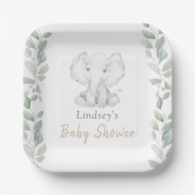 Greenery Eucalyptus Little Elephant Baby Shower Paper Plate (Front)