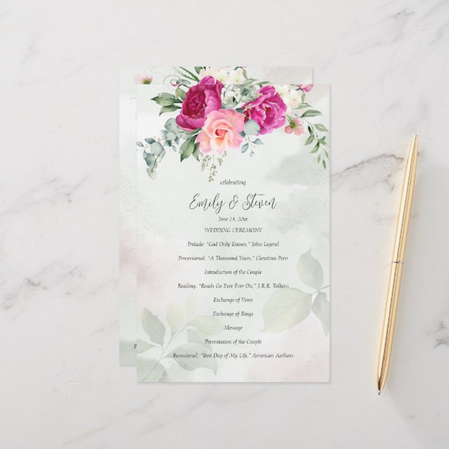 Greenery eucalyptus magenta flower wedding program (Front/Back In Situ)