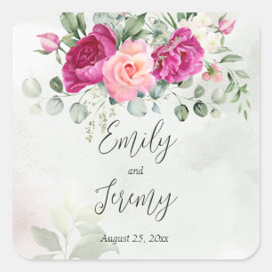 Greenery eucalyptus magenta peony roses  square sticker