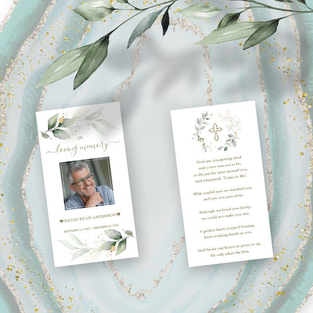 Greenery Eucalyptus Man Photo Funeral Prayer Card (eucalyptus prayer card, man photo greenery prayer card, green gold prayer card)