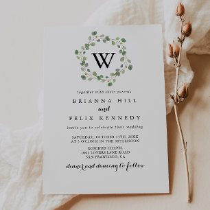 Greenery Eucalyptus Monogram Wreath Wedding Invitation