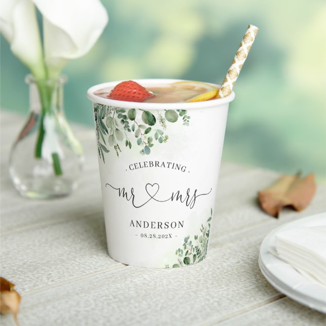 Greenery Eucalyptus Mr & Mrs Heart Script Wedding Paper Cups (Insitu)