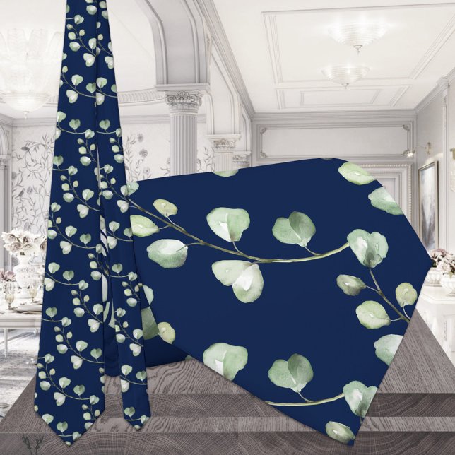 Greenery Eucalyptus Navy Blue Wedding Tie (Creator Uploaded)