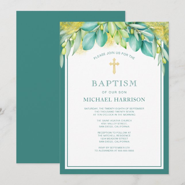 Greenery Eucalyptus Olive Gender Neutral Baptism Invitation (Front/Back)