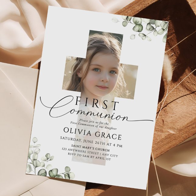  Greenery Eucalyptus Photo  First Communion  Invitation (Creator Uploaded)