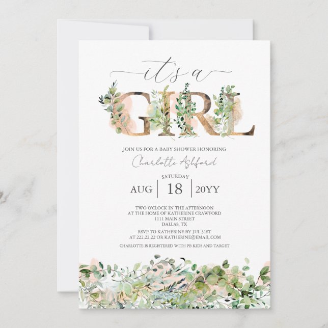Greenery Eucalyptus Pink It's a Girl Baby Shower Invitation (Front)