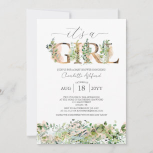 Greenery Eucalyptus Pink It's a Girl Baby Shower Invitation