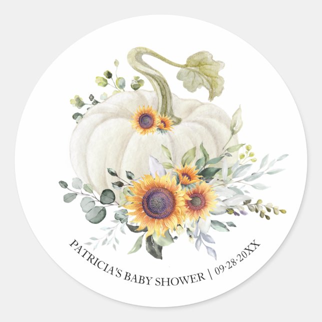 Greenery Eucalyptus Pumpkin Fall Baby Shower Class Classic Round Sticker (Front)