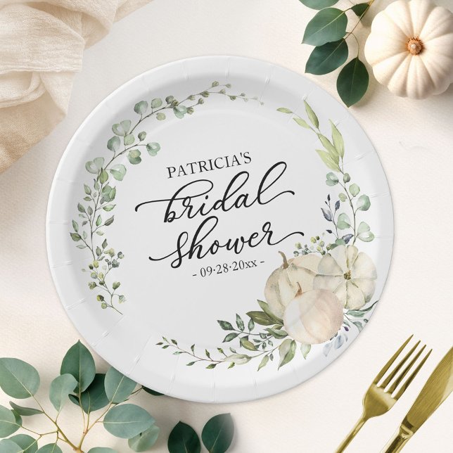 Greenery Eucalyptus Pumpkin Fall Bridal Shower Paper Plate (Creator Uploaded)