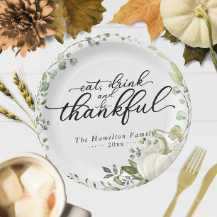 Greenery Eucalyptus Pumpkin Thanksgiving Dinner Paper Plate