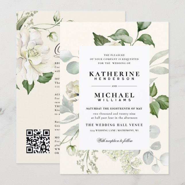 Greenery Eucalyptus Roses Ivory & Details Wedding Invitation (Front/Back)