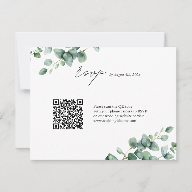  Greenery Eucalyptus script QR code wedding RSVP Card (Front)