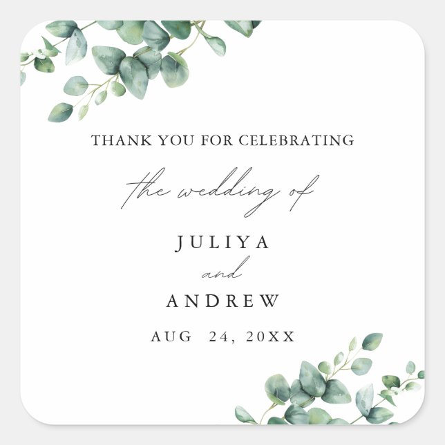  Greenery Eucalyptus script wedding Square Sticker (Front)