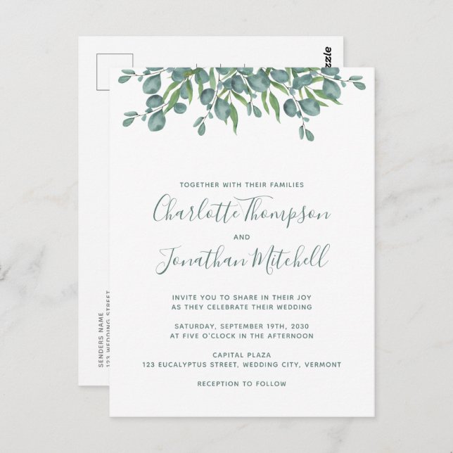 Greenery Eucalyptus Simple Wedding Invitation Postcard (Front/Back)