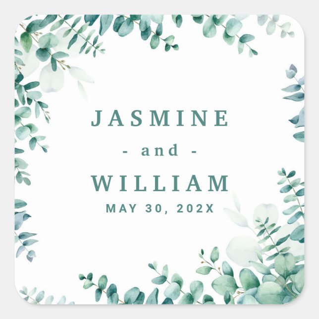 Greenery Eucalyptus Square Frameborder Wedding Sticker (Front)