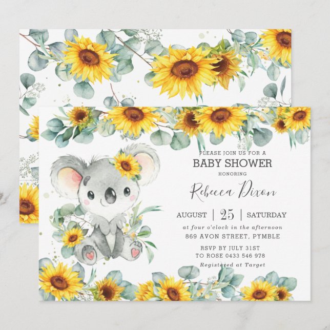 Greenery Eucalyptus Sunflower Koala Baby Shower Invitation (Front/Back)