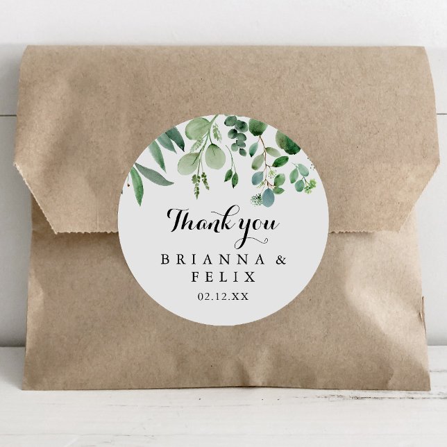 Greenery Eucalyptus Thank You Wedding Favor Classic Round Sticker (Creator Uploaded)