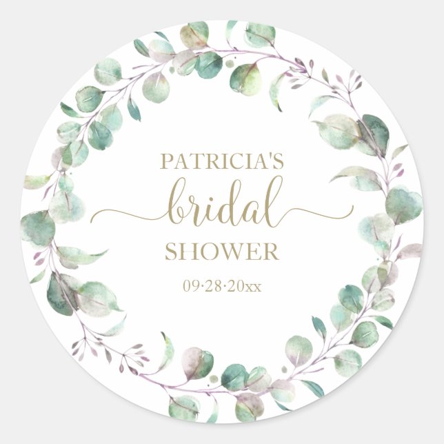 Greenery Eucalyptus Watercolor Bridal Shower Class Classic Round Sticker (Front)