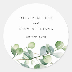 Greenery Eucalyptus Watercolor Wedding Classic Round Sticker